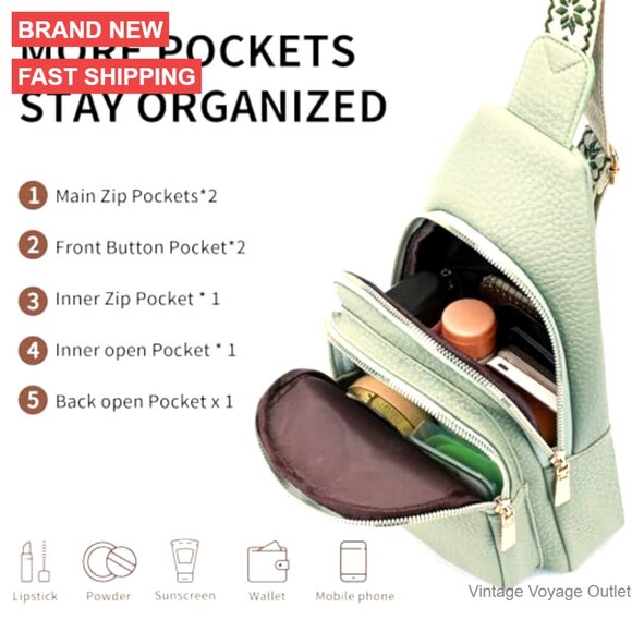 Vegan Leather Crossbody Bag Adjustable Strap Multi-Pocket Fanny Pack - Picture 4 of 6